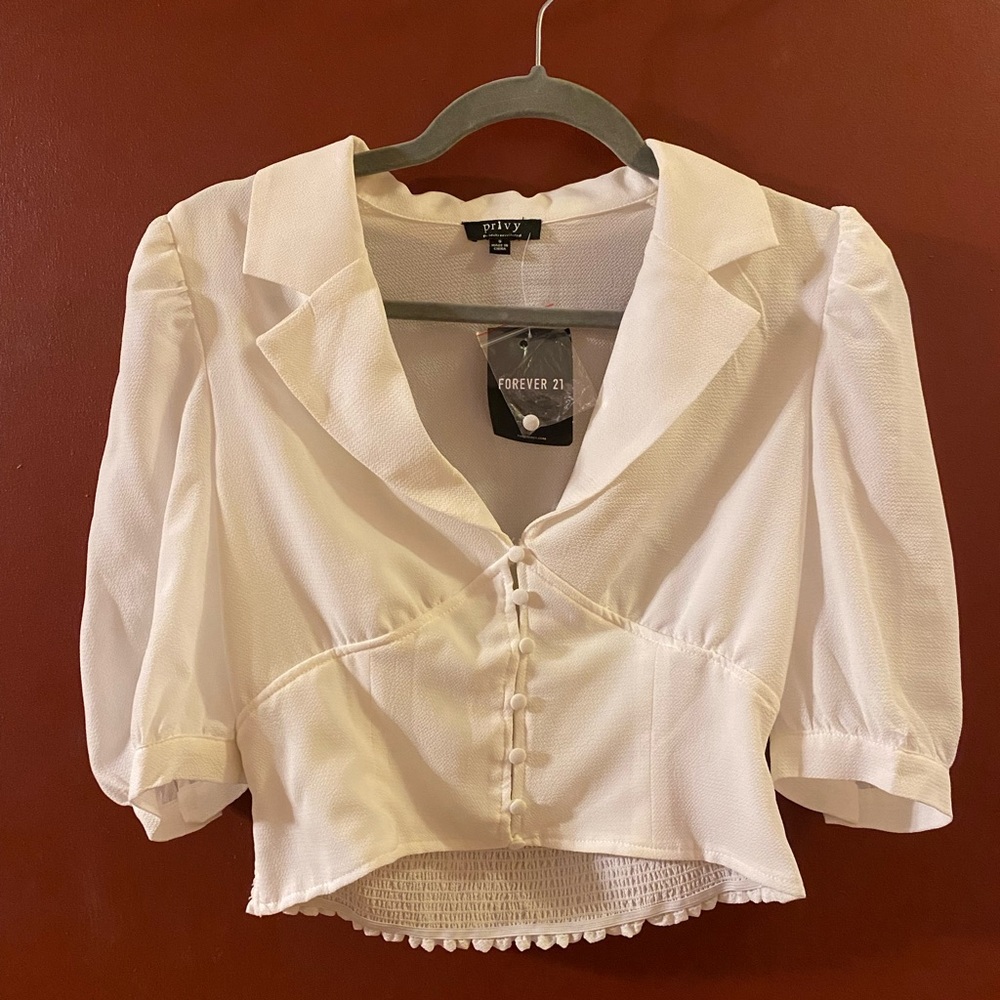 Forever 21 Puff Sleeve Crop Button Up Blouse - White